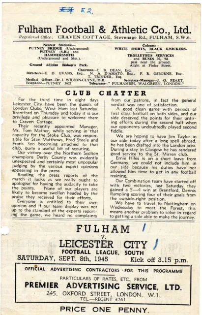 Fulham v Leicester City September 8th 1945 Wartime football programme