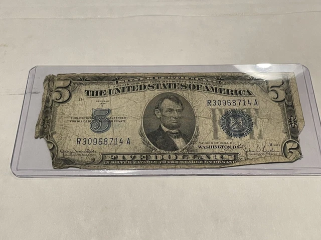 $5 Blue Seal Silver Certificates 1934 D Five Dollar Bill. RARE