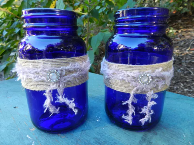 2 Cobalt Blue GLASS BOTTLES; Vanity Display Decoration JARS Wedding Craft - NEW