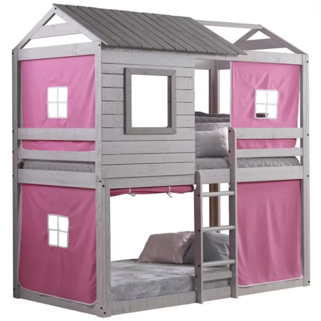 Donco Kids Deer Blind Twin Over Twin Solid Wood Bunk Bed with Pink Tent in Gray