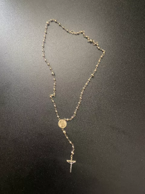 Real 10k Yellow Gold Diamond Cut  Jesus Crucifix Beads Rosary Necklace 22" Oro