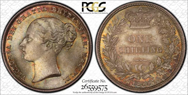 1855 Great Britain Shilling - PCGS MS65+ - Queen Victoria - GORGEOUS Color Toned