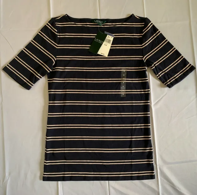 NWT Ralph Lauren NAVY/PINK Womens Sz Medium Striped Cotton Boat Neck Top Shirts