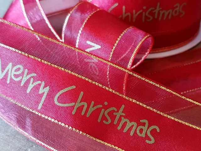 RED AND GOLD MERRY CHRISTMAS SATIN RIBBON 38MM CRAFT Cakes Decor UK SELLER