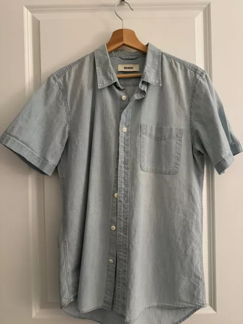 BUCK MASON Chambray Short Sleeve One Pocket Shirt Light Wash Men's Medium