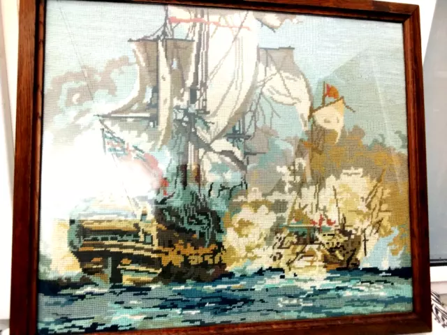 Vintage Large Framed Embroidery Needlework Framed Picture Tapestry - Sea Battle