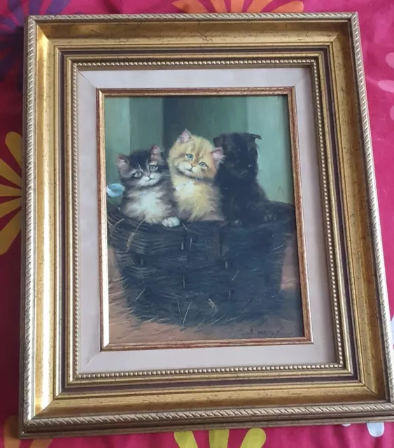 Tableau Peinture Chat chatons et chien Signé A.Mauve