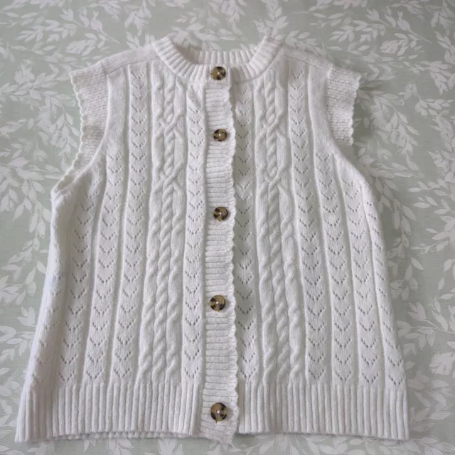 Per Una 14 Cream Wool Blend Sleeveless Cable Knit Cardigan Waistcoat