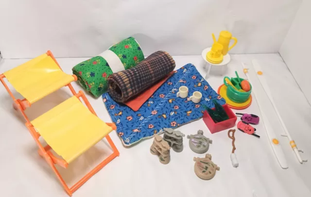 Vtg 1973 Barbie Camping Accessories, Chairs, Sleeping Bags, Dishes, Canoe Orrs,