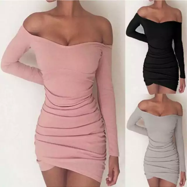 Womens Sexy Off Shoulder Bodycon Mini Dress Jumper Party Ball Cocktail Dress UK