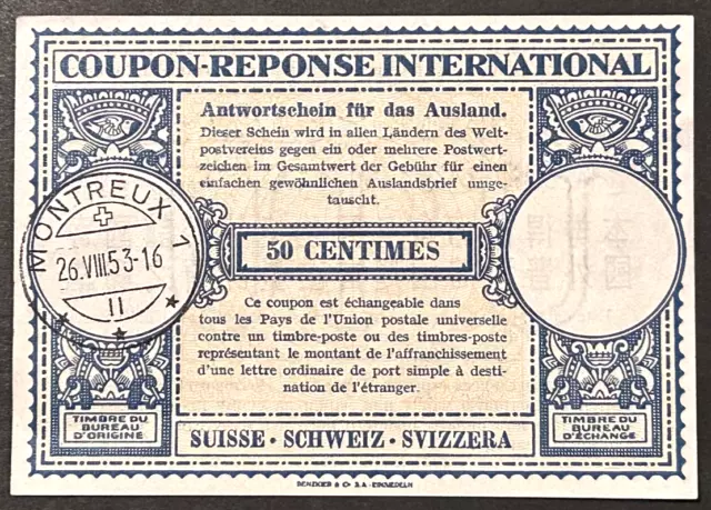 SCHWEIZ Internationale Antwortschein 50 Centimes  26.VIII. 53 Montreux