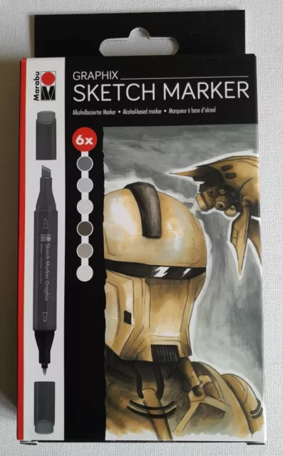 6 x Marabu Graphix Sketch Markers Alpha Robot Greys, Alcohol Ink Art Pen Set