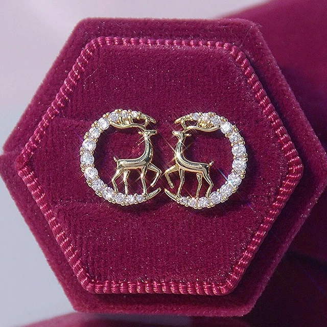Real Moissanita 0.20Ct Redondo Ciervo Asta Dormilonas 14K Oro Amarillo Chapado