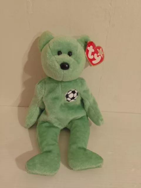 Ty Beanie Baby Kicks Green Football Soft Plush Teddy With Tags 1998