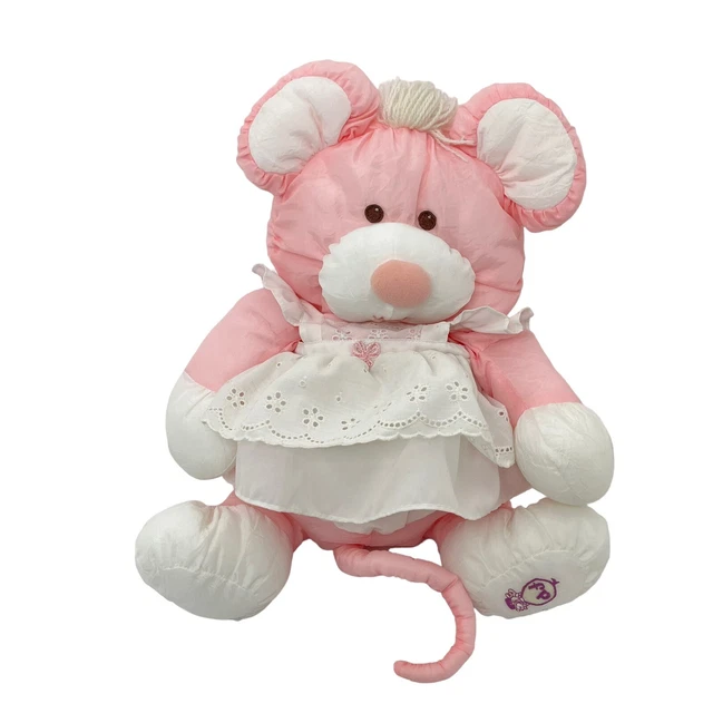 Vintage 1987 Fisher Price Puffalump Pink Mouse Plush Stuffed Eyelet Dress    L7