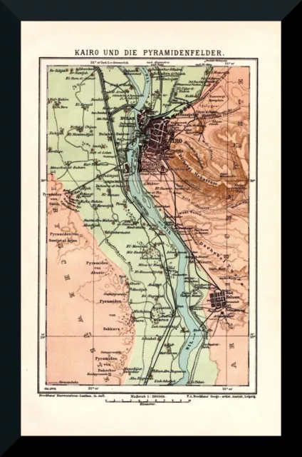 Kairo und die Pyramidenfelder+ alter Umgebungsplan von 1895+ Nil, Giseh, Memphis