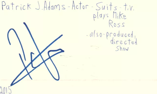Patrick J. Adams Actor Mike Ross in Suits TV Show Autographed Signed Index Card