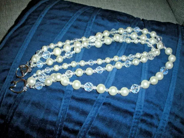 Vtg. KENNETH JAY LANE PEARL and Crystal NECKLACE 3 STRAND KJL LOGO CLASP