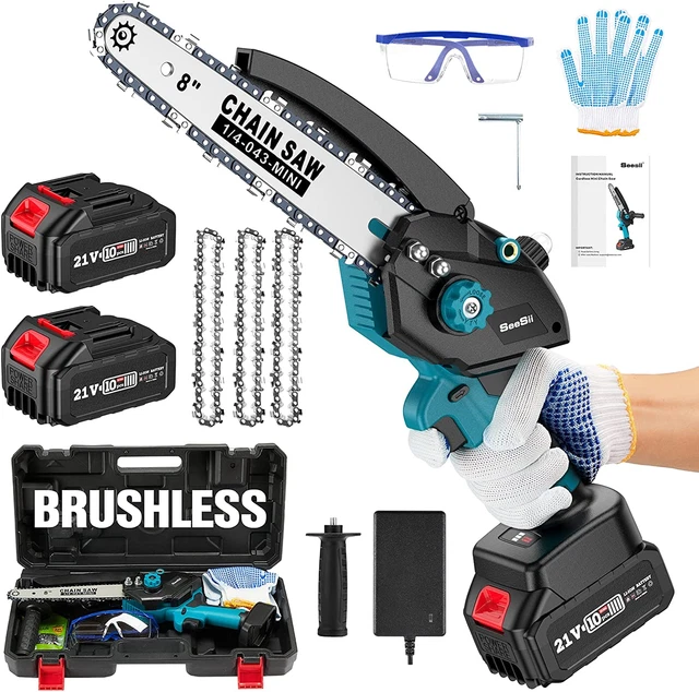 Mini motosega a batteria Eliofaneia, mini motosega con batteria da 8000mAh, catene da 6 e 8 pollici, motore brushless da 900W, tensionamento senza attrezzi, adatta per rami da giardinaggio, legno