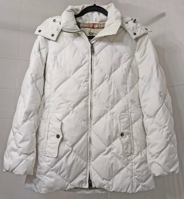 Burberry London Signature Check Lining Removable Hood White Puffer Jacket Small