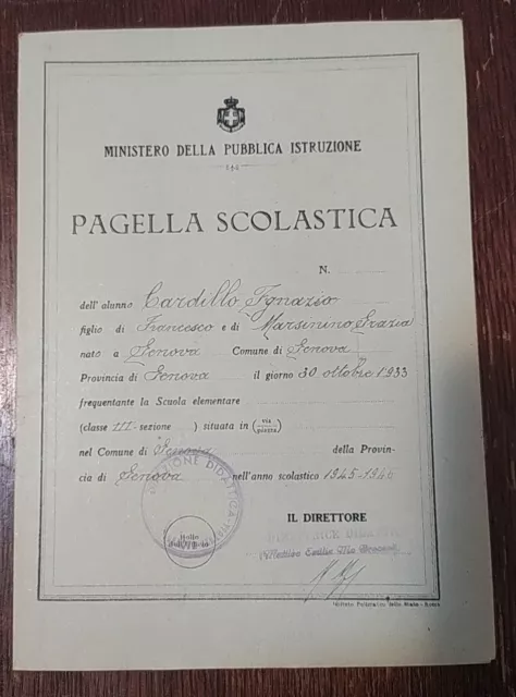 Pagella Scolastica Scuola Elementare Di Genova Anno 1945/1946