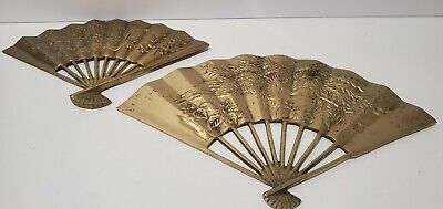 Vintage  Solid Brass hand Fans  w/  Dragon Scene Decorative Asian Wall Hanging