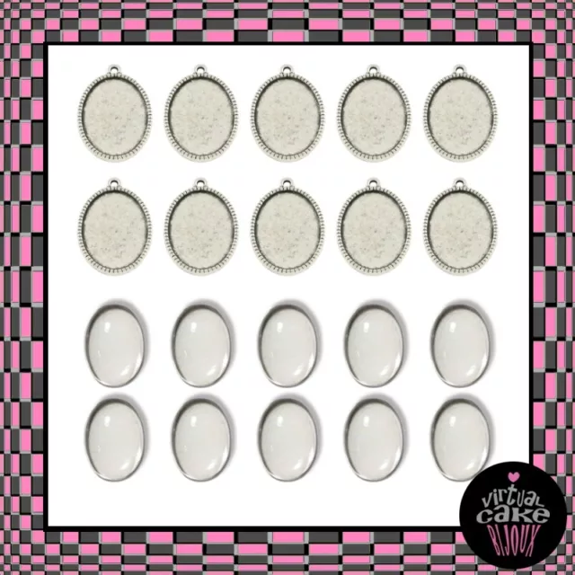 KIT CREA CIONDOLI CABOCHON IN VETRO ARGENTATI 25x18mm minuteria bigiotteria DIY