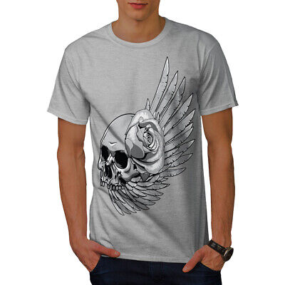Wellcoda Death Rose Wing Skull Mens T-shirt, Rose Graphic Design Printed Tee