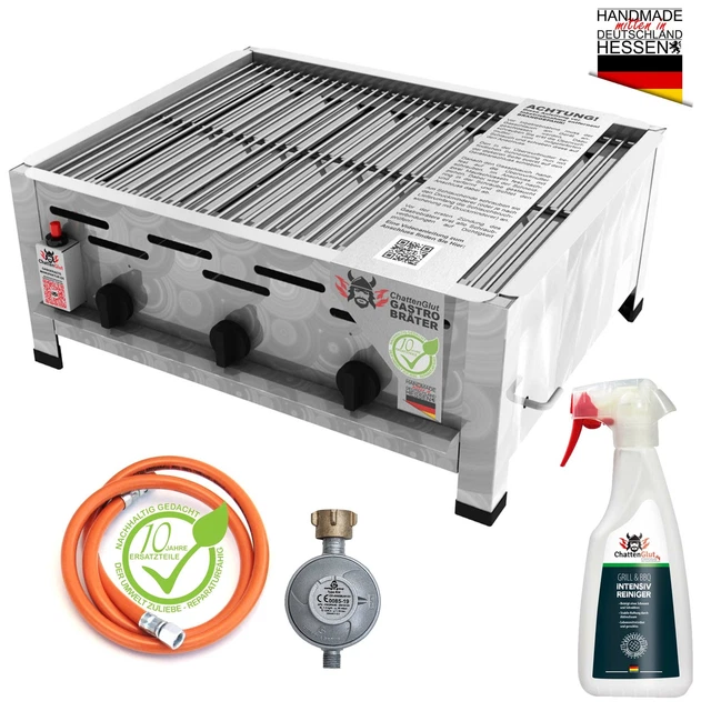 Gastro Gasbräter 3 flammig Gas Grill 10,8kW mit Rost + Anschluss Set + Reiniger
