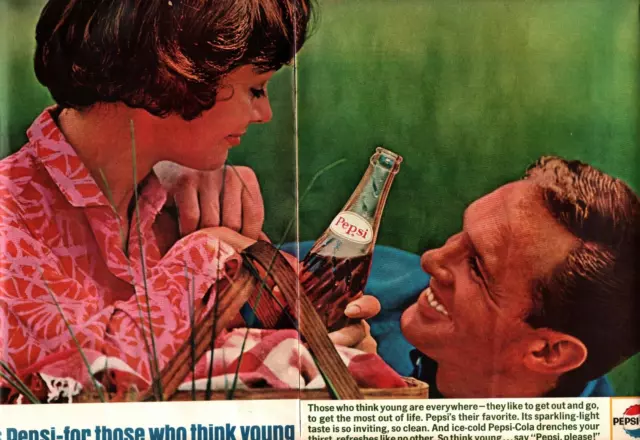 1964 Pepsi Cola Soda Pop Vintage Print Ad Sweethearts Picnic Basket Field Bottle