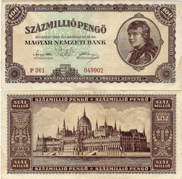 Ungarn Banknote 100.000.000 Pengö 1946 Budapest Magyar Nemzeti Bank P-124