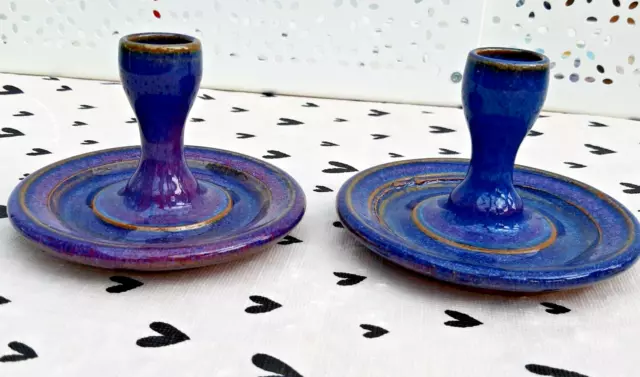 Canterbury Pottery Small Candlesticks x 2, Blue Glaze, Incense Holders - VGC