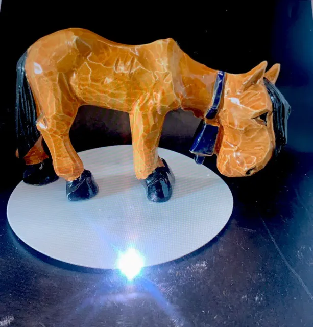 Antique Plow Horse Figurine, ￼Ceramic Brown  Hand painted Blue Bell Accent ￼