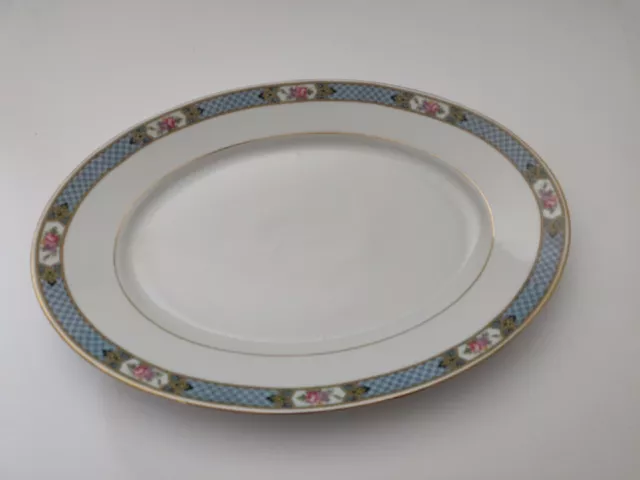 CT Altwasser Germany Oval Platter 2457 Blue & Tan Panels Pink Roses 15" x 10"