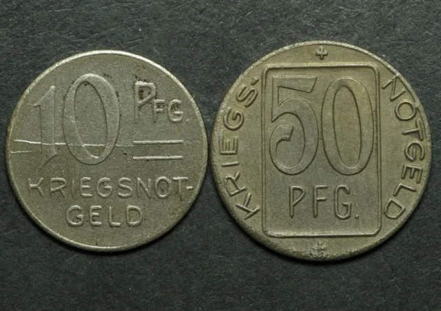 NOTGELD: 10 & 50 Pfennig 1918. Funck 107.1 & 2. STADT EBINGEN / WÜRTTEMBERG.