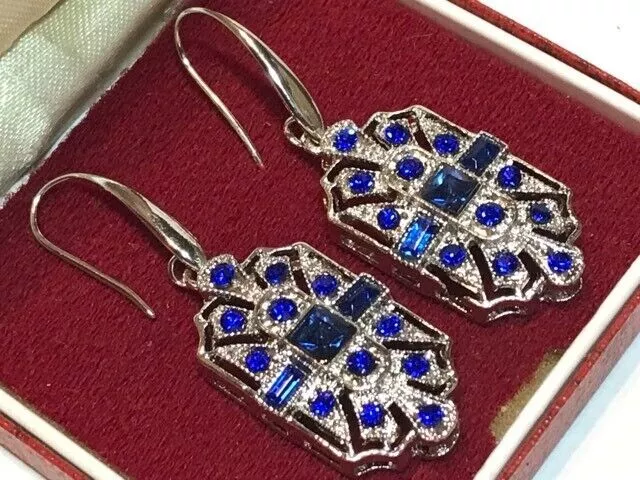 Beautiful Art Deco Style Geometric Crystal Blue Earrings Gatsby Style Jewellery