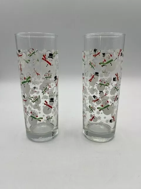 Vintage Set of 2  CRISA Snowman Tom Collins Highball Cocktail Holiday Glasses