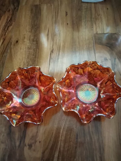 Vintage Marigold Carnival Glass Bowls Imperial  Diamonds/Hexagon Dishes X 2