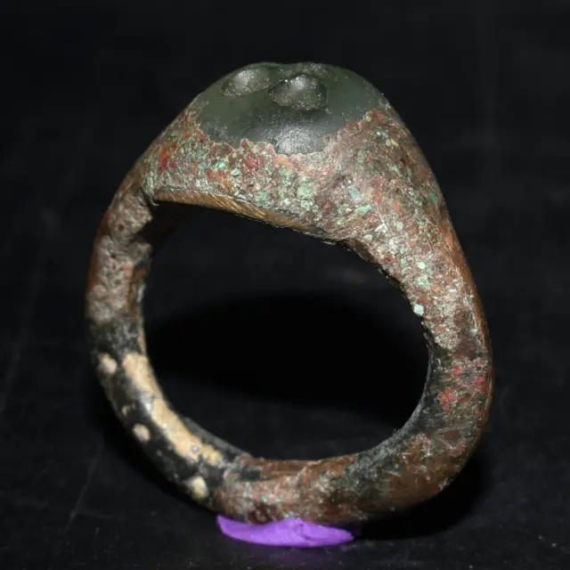 Rare Genuine Ancient Roman Bronze Ring with Glass Intaglio Ca. 1st - 3rd Century