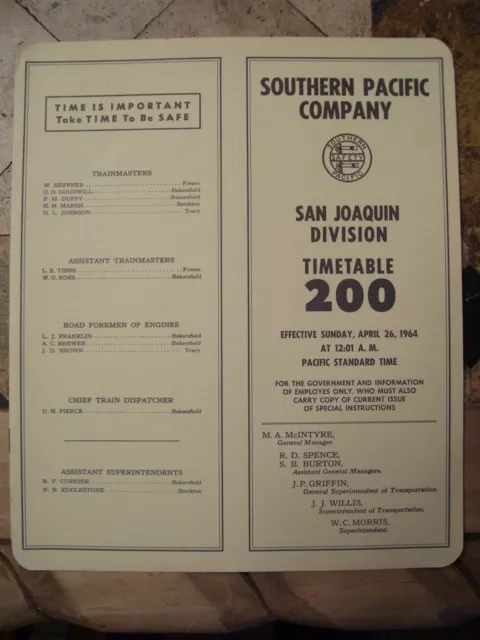 Southern Pacific San Joaquin Division  Employee Timetable #200  April 26,1964