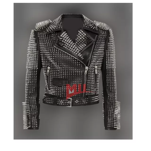 Handmade Women Black Fully Studded Genuine Lambskin Pure Leather Jacket