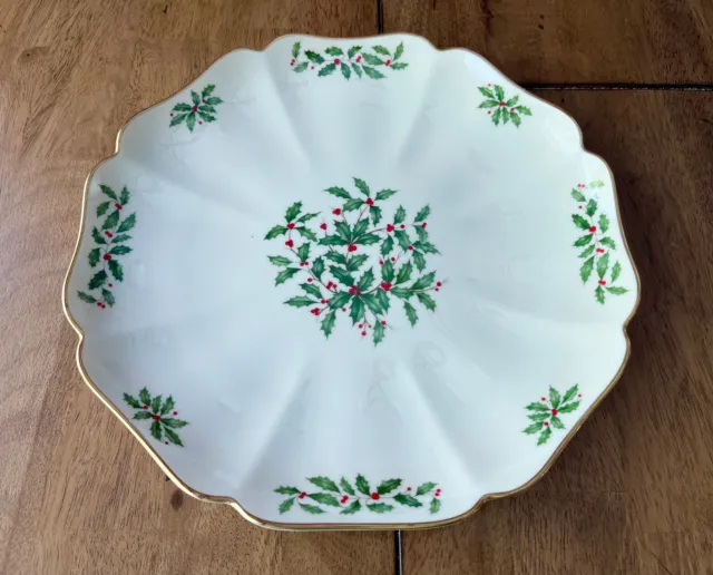 Two Lenox Holiday Holly Berries 12.75" Serving Platters Gold Edge Mint  