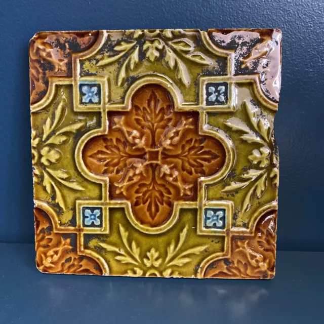 One Reclaimed Antique 6" x 6" Green Victorian Tile Tiling Kitchen Décor