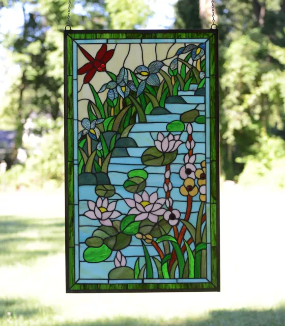 20.5" x 34.5"  Decorative Handcrafted stained glass window panel Dragonfly Lotus