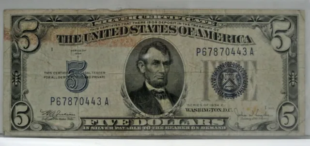 1934 $5 Silver Certificate Five Dollar Bill