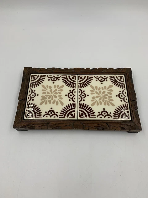 Vintage Orion Mexican Tile Double Trivet Wood Frame Footed Brown
