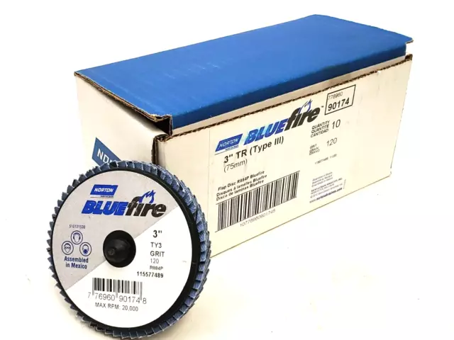 10-Pack! NORTON BLUEFIRE 3'' TR (TYPE III) 75MM FLAP DISC R884P 120-Grit (HR)