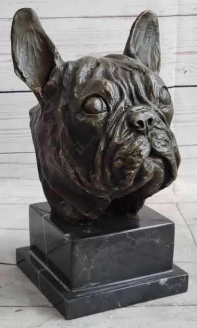 Bronze Sculpture Bust Head of a French Bulldog Hot Cast Marble Gift Artwork