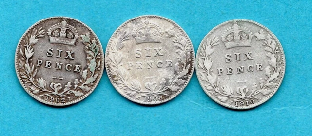 3 Silver Sixpence Coins. King Edward Vii. 1902, 1908, 1910. Job Lot