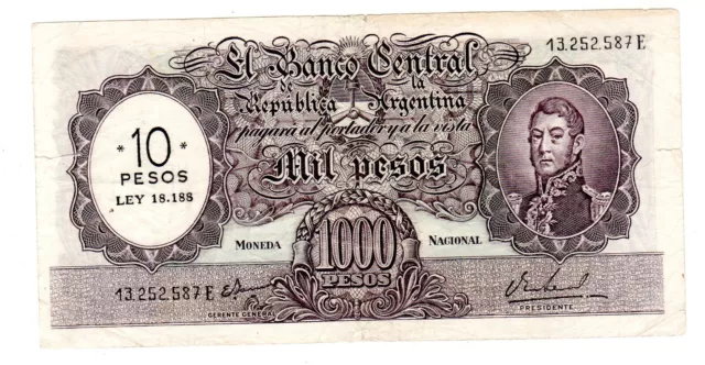 Argentine ARGENTINA Billet 1000 PESOS on 10 PESOS ND 1969 1971  P284 VF BON ETAT